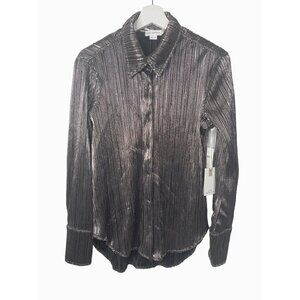 Good American Chrome Lamé Plissé Button Shirt